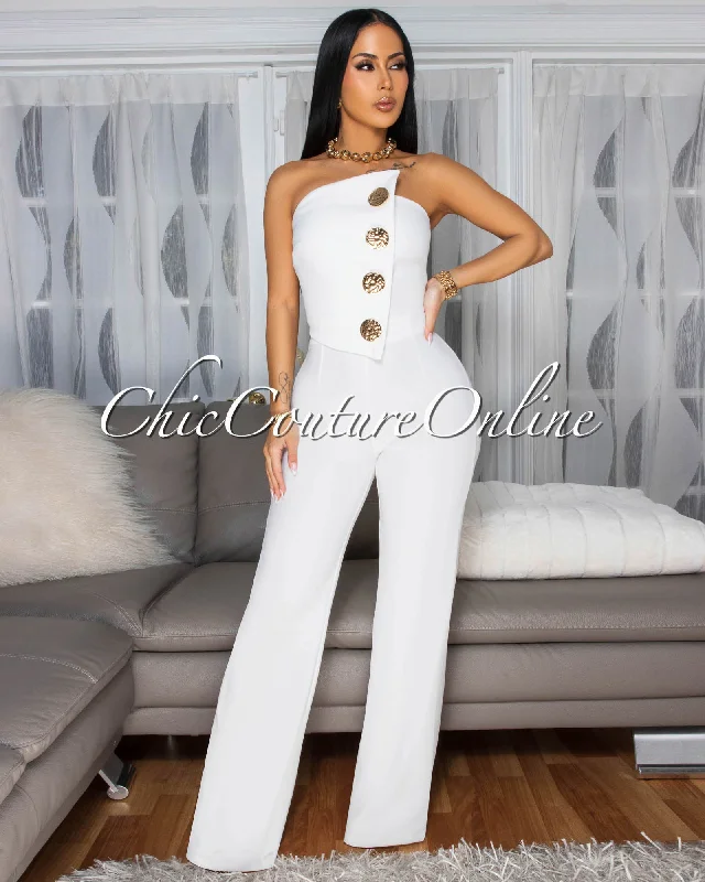 Amiri Off-White Gold Accent Button Strapless Jumpsuit Sleek Women's Metallic