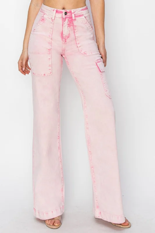 RISEN Full Size High Rise Cargo Pocket Jeans Classic Women's Pin - striped