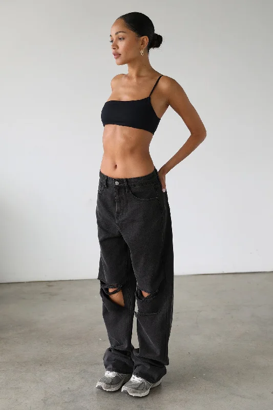 DOGMA High Rise Straight Wide Leg Skater Denim Jeans Black Wash Youthful Women's Pop