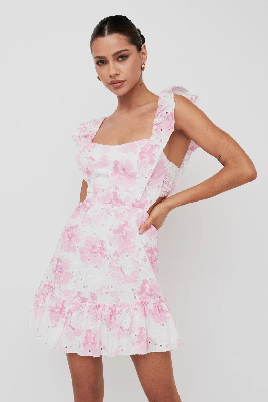 Porcia Tied Back Frill Dress Floral Pink Dynamic Women's Moto