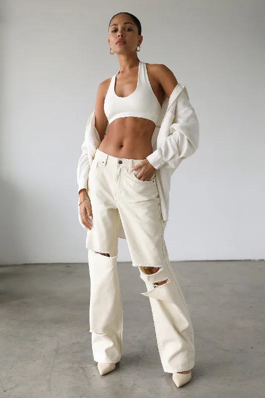 DOGMA Straight Wide Leg Skater Denim Jeans Cream Feminine Women's Style 