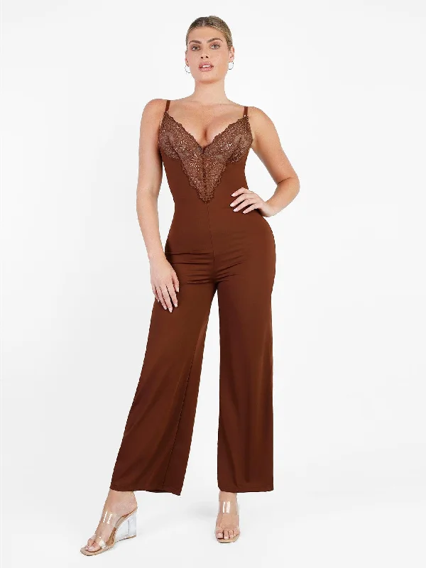 Shapewear Lace Deep V-Neck Sculpting Wide Leg Jumpsuit Youthful Women's Anime - inspired