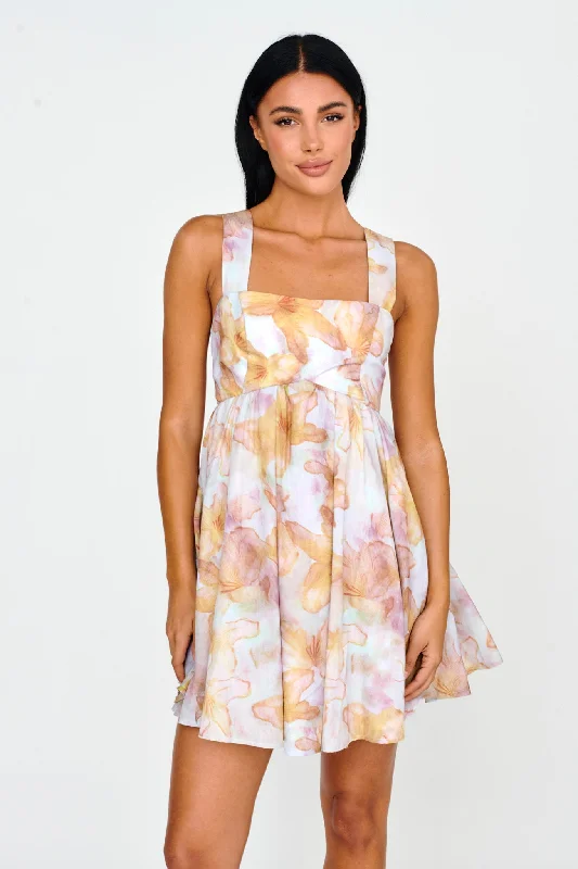 New Horizons Square Neckline Tied Mini Dress Yellow Women