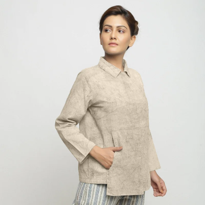Beige Dabu Printed Natural Dyed Cotton Button-Down Top Sophisticated Women's Tailored