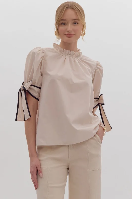 Solid Bow Tie Sleeve Blouse in Ecru Youthful Women's Anime - inspired