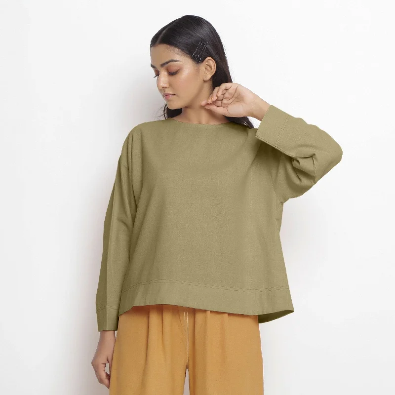 Khakhi Green Handspun 100% Cotton Tie-Neck Top Relaxed Women's Beachy