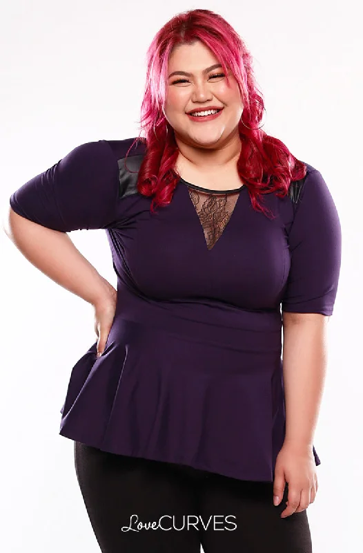 Lace Inset Peplum Top - Purple -KIM Casual Women's Loose - fitting