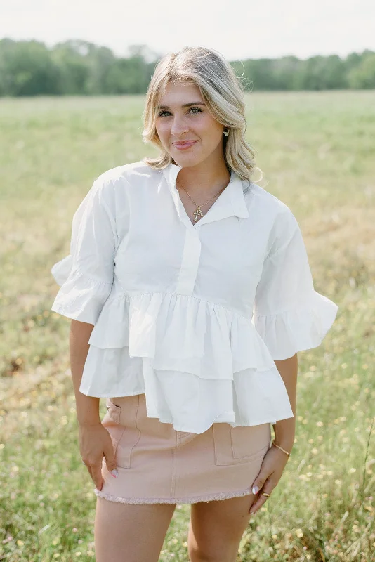 White Ruffle Detail Button Up Blouse Elegant Women's Formal 
