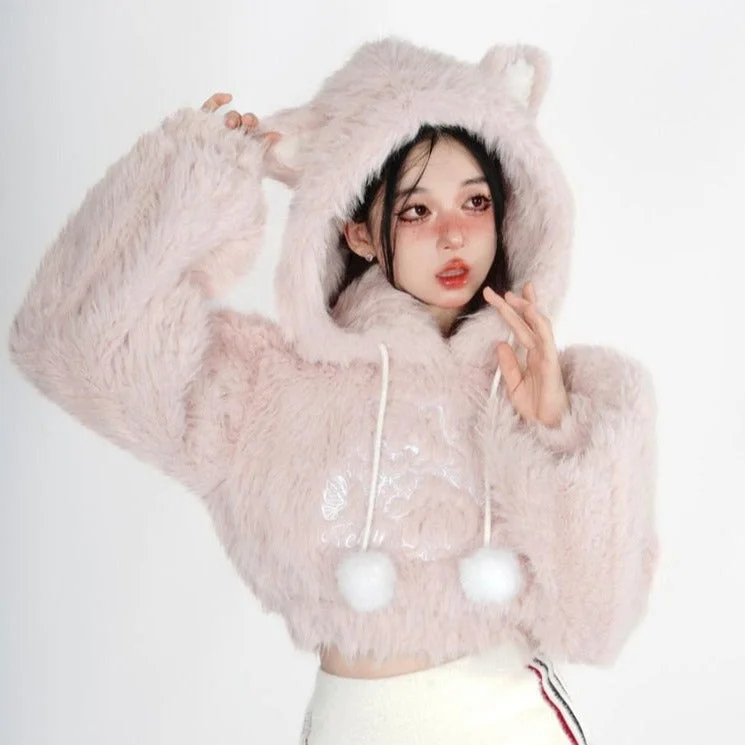 Fuzzy Kitten Cropped Hoodie Sleek Women's 